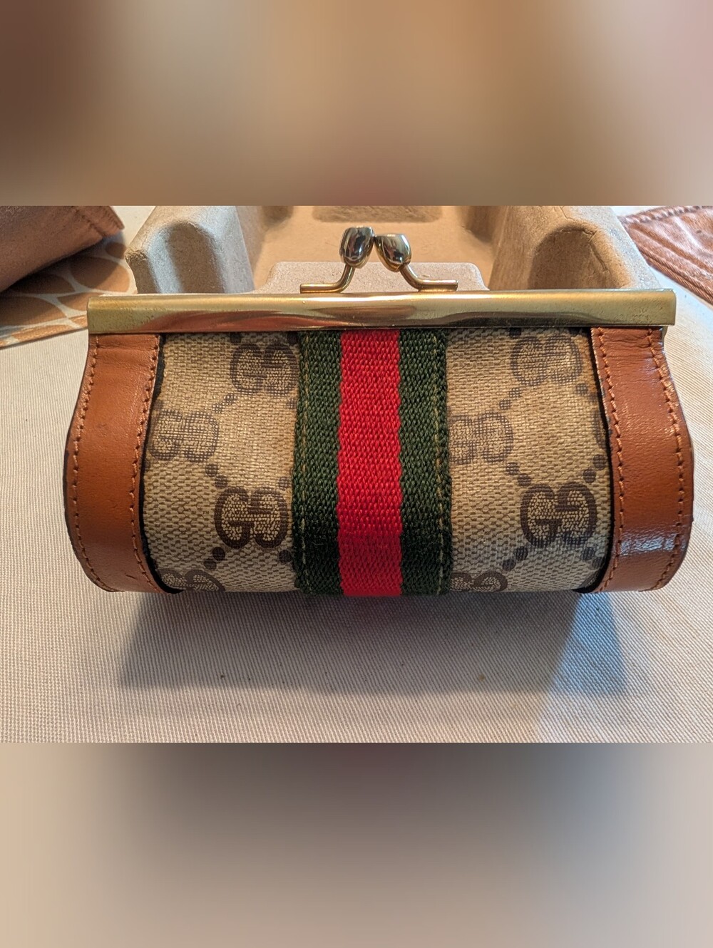 Vintage GG Monogram Canvas Red Green Stripe Web Trim Kiss Lock Wallet